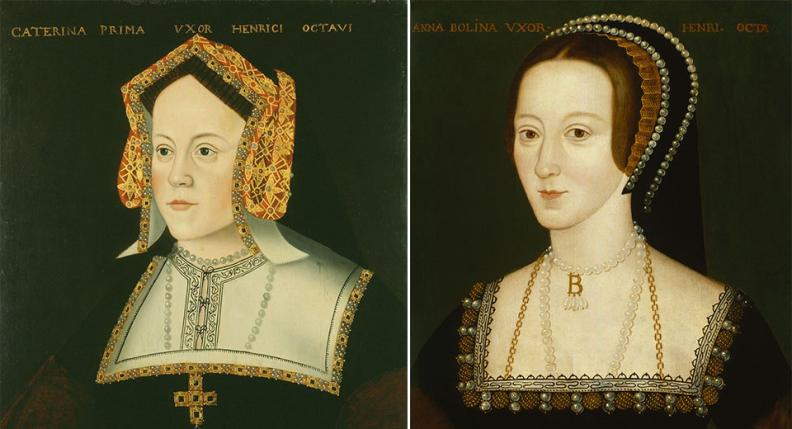 Catherine of Aragon wearing an English hood, Anne Boleyn wearing a French hood.jpg
